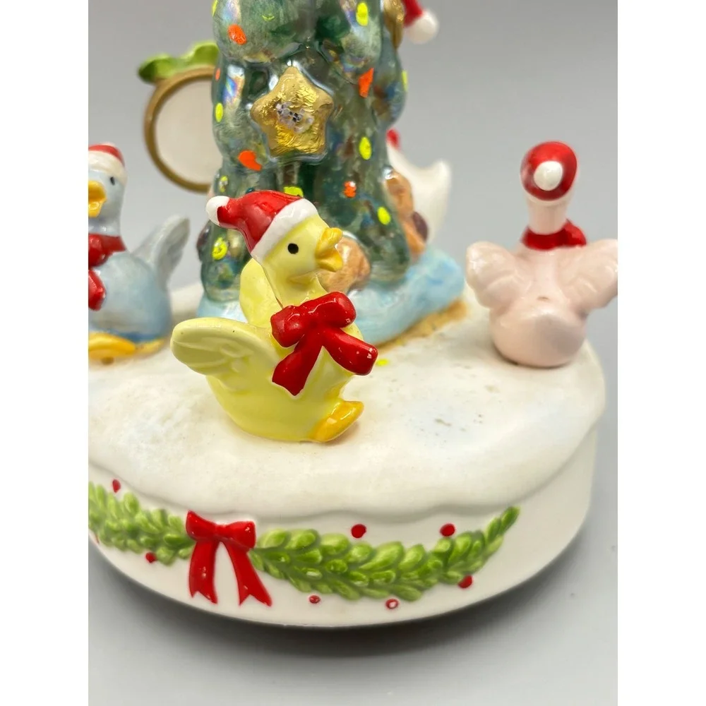 Vintage Christmas Music Box Wind Up Goose Ceramic Rotating Tree Cottage Ducks